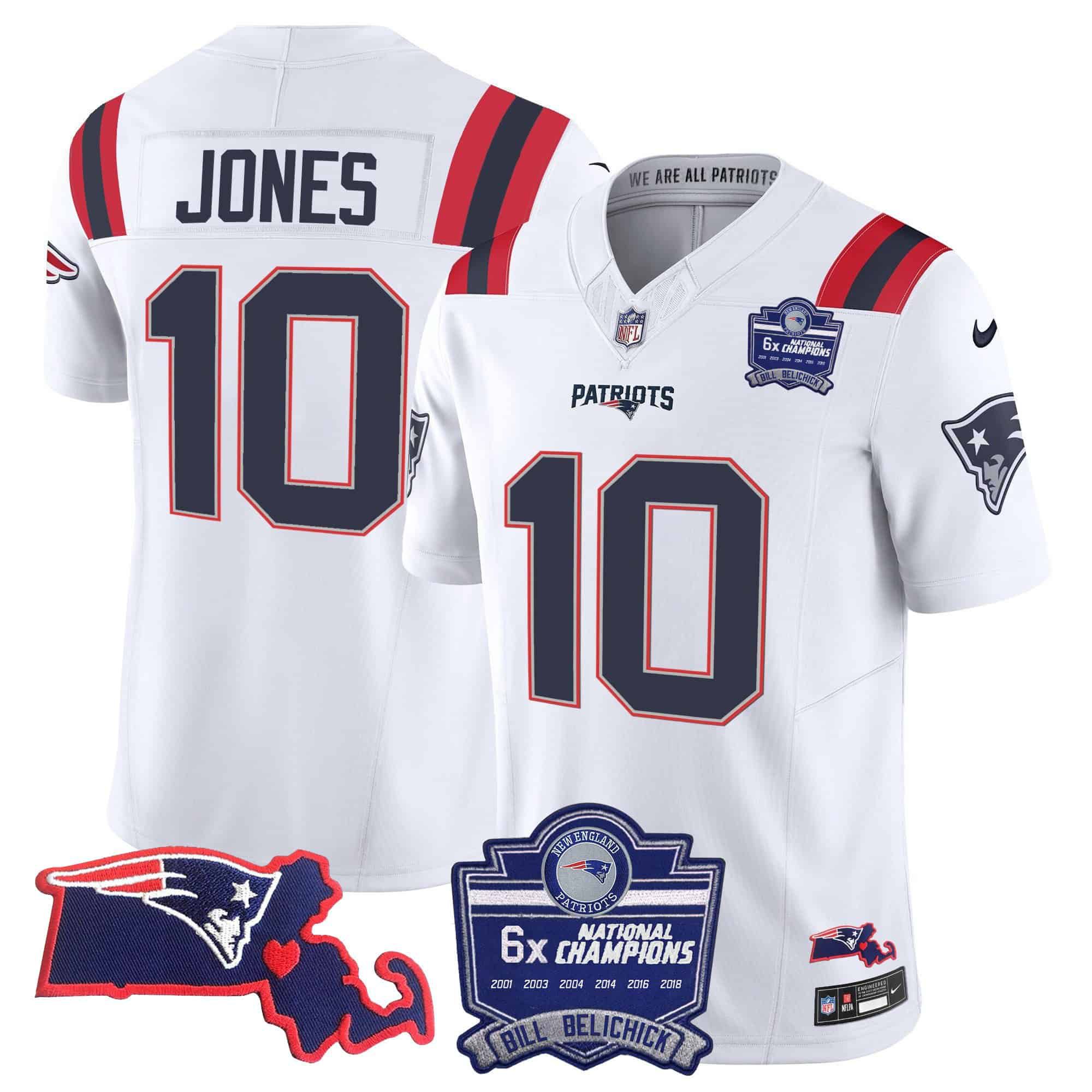 Men New England Patriots 10 Jones White 2024 Nike 6x Champions Patch Vapor Limited NFL Jersey